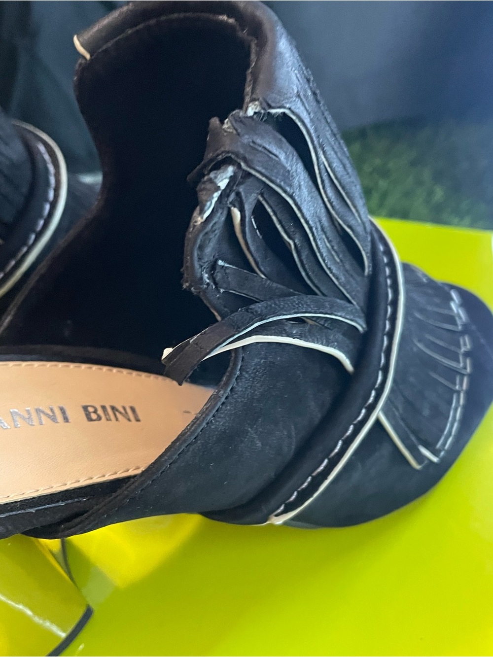 Gianni Bini Black Suede Fringe Peep-toe Heel with Metallic Gold - Picture 3 of 14